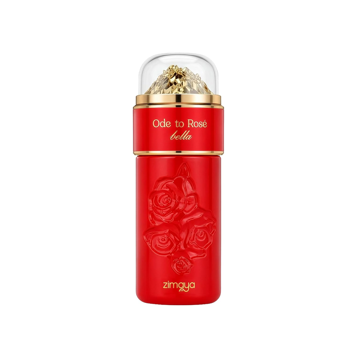 Zimaya Ode to Rosé Bella Eau de Parfum bottle in red with embossed roses and gold crown cap