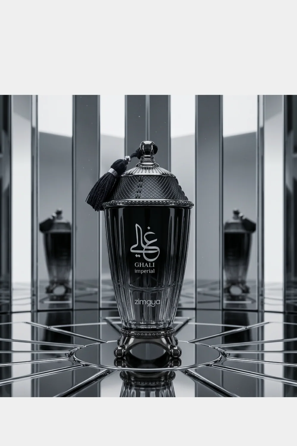 Zimaya Ghali Imperial Eau de Parfum lifestyle shot with mirror reflections