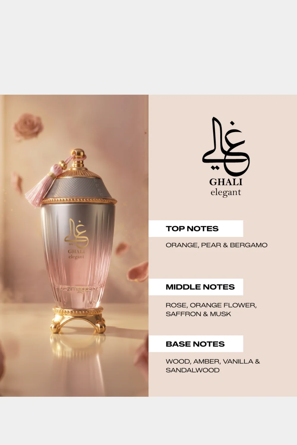 Zimaya Ghali Elegant fragrance notes infographic
