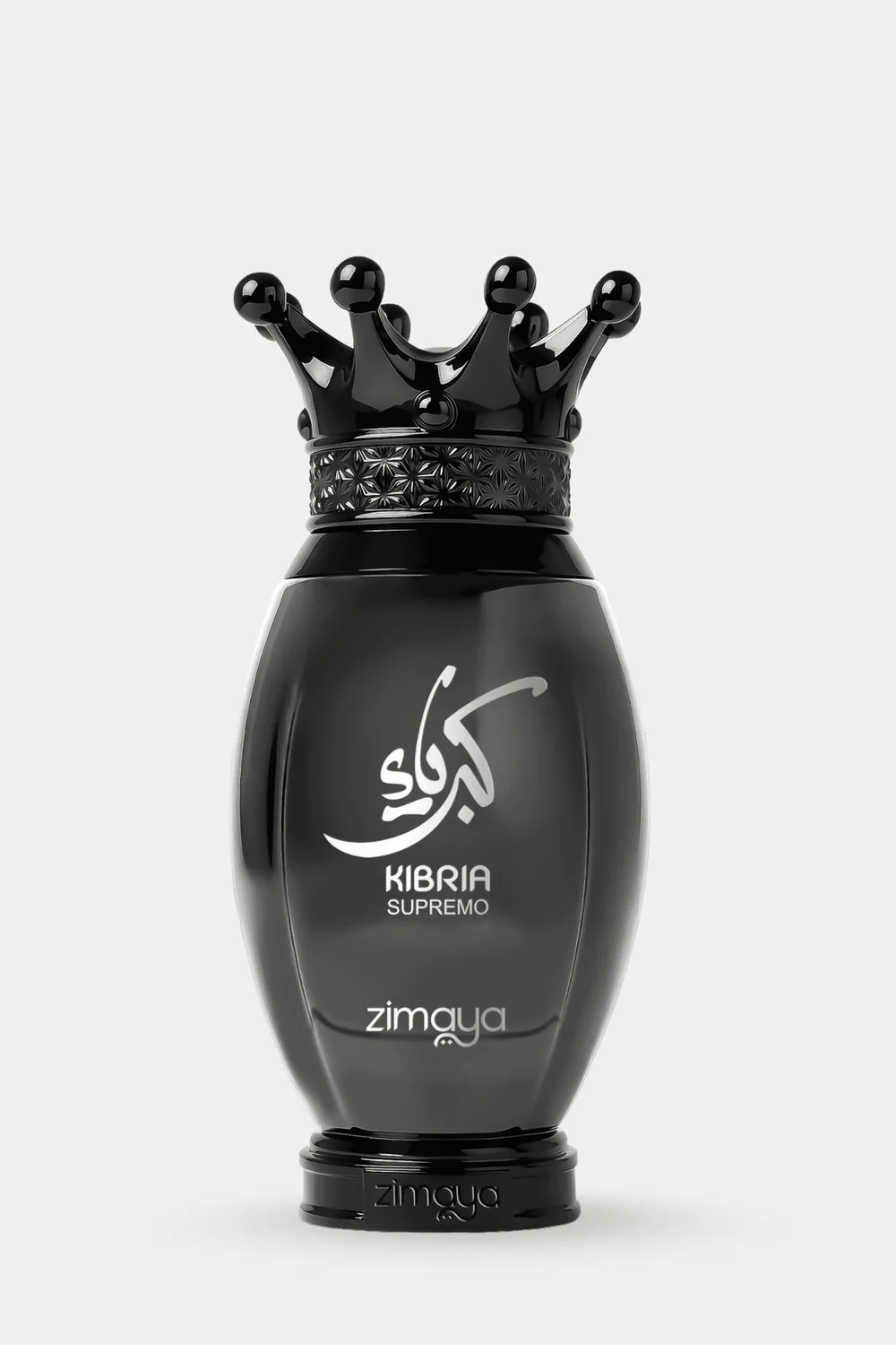Zimaya Kibria Supremo Eau de Parfum matte black bottle with crown cap front view