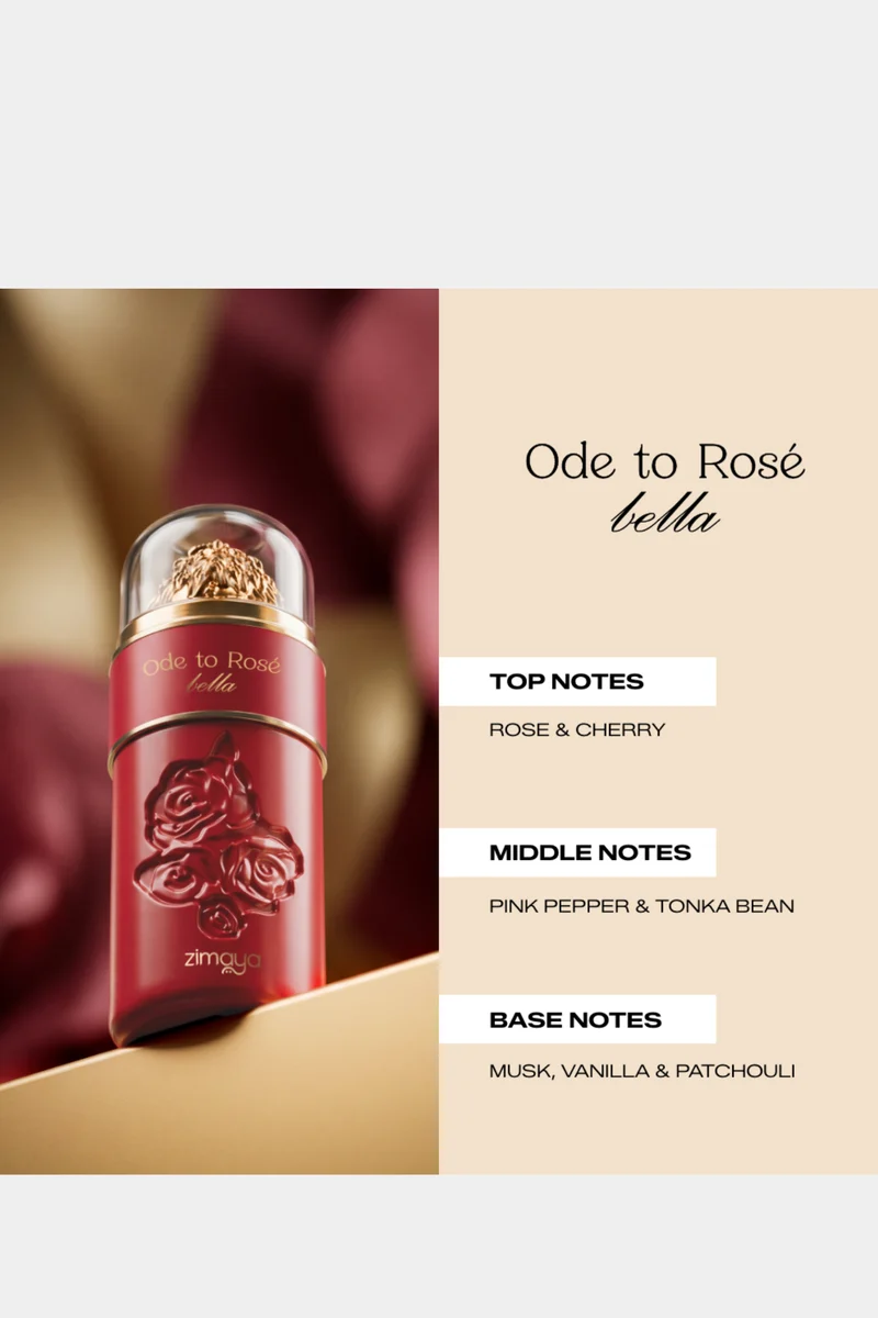 Zimaya Ode to Rosé Bella fragrance notes infographic