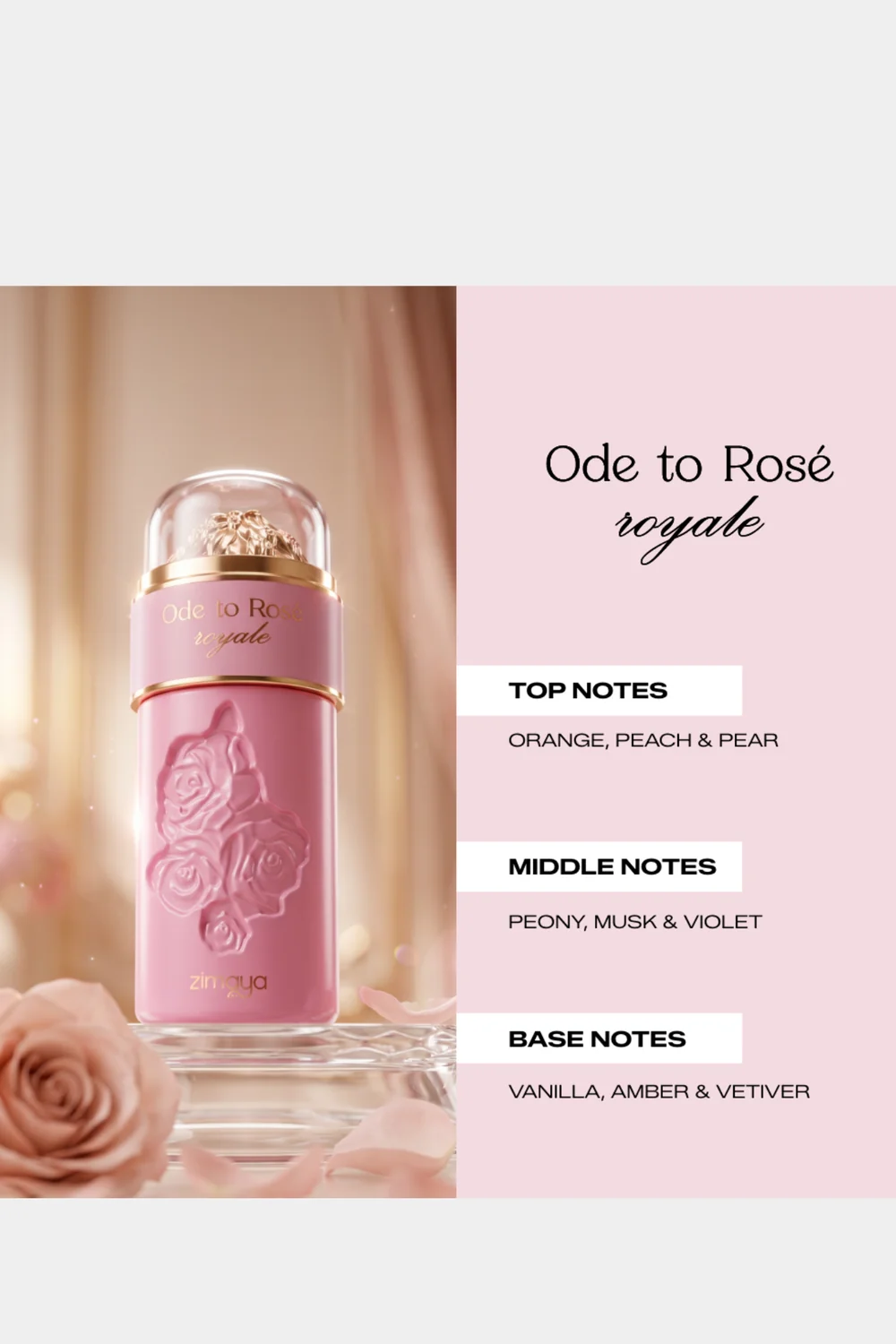 Zimaya Ode to Rosé Royale fragrance notes infographic
