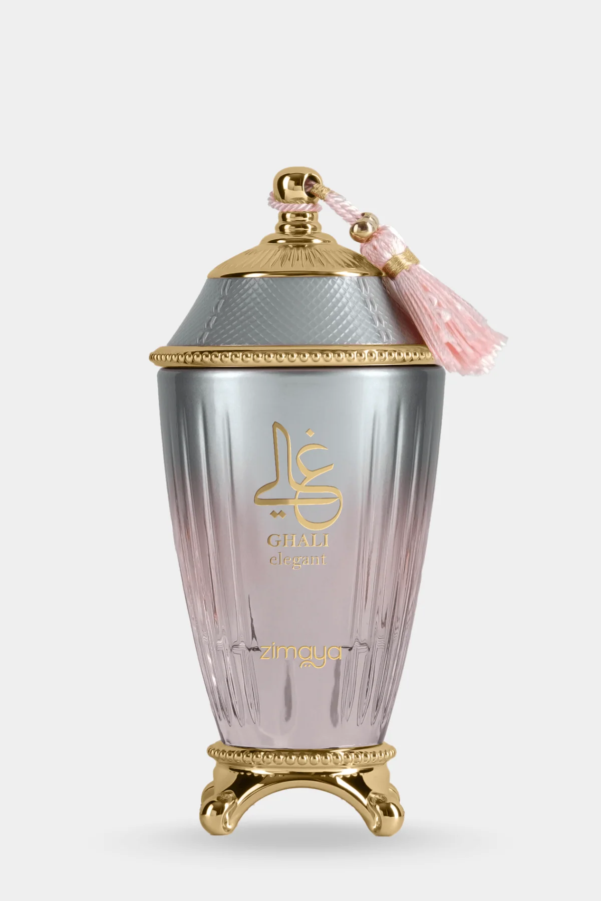Zimaya Ghali Elegant Eau de Parfum ombre crystal bottle with gold tassel front view