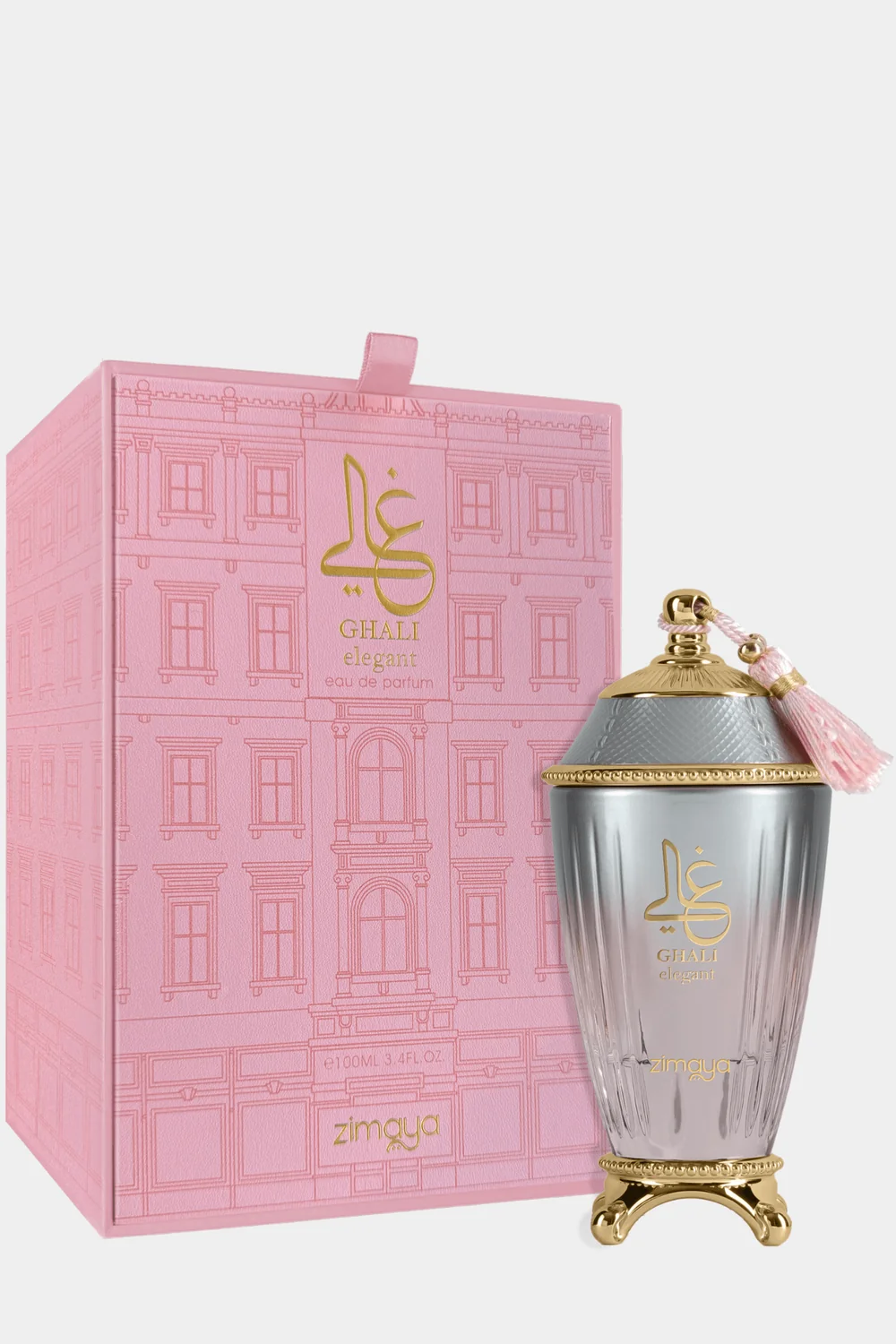 Zimaya Ghali Elegant Eau de Parfum bottle with pink gift box