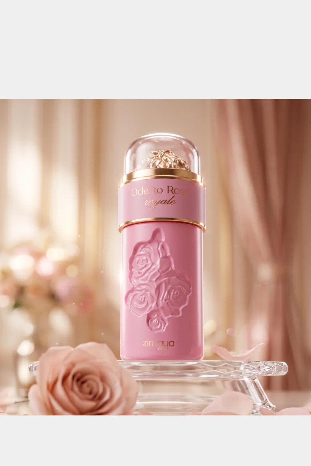 Zimaya Ode to Rosé Royale Eau de Parfum lifestyle shot with roses