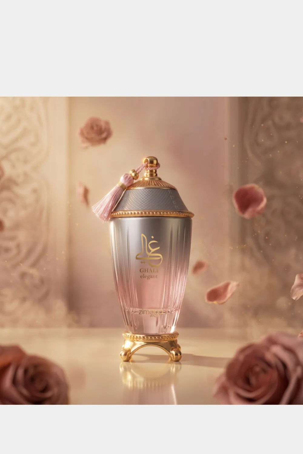 Zimaya Ghali Elegant Eau de Parfum lifestyle shot with rose petals