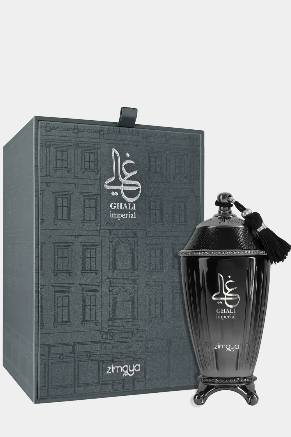 Zimaya Ghali Imperial Eau de Parfum bottle with charcoal gift box