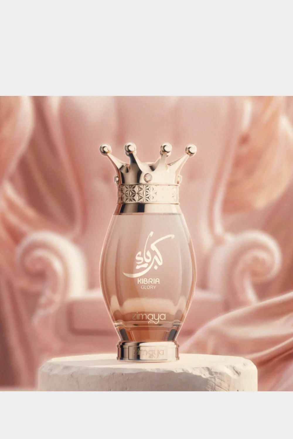 Zimaya Kibria Glory Eau de Parfum lifestyle shot on marble with rose silk background