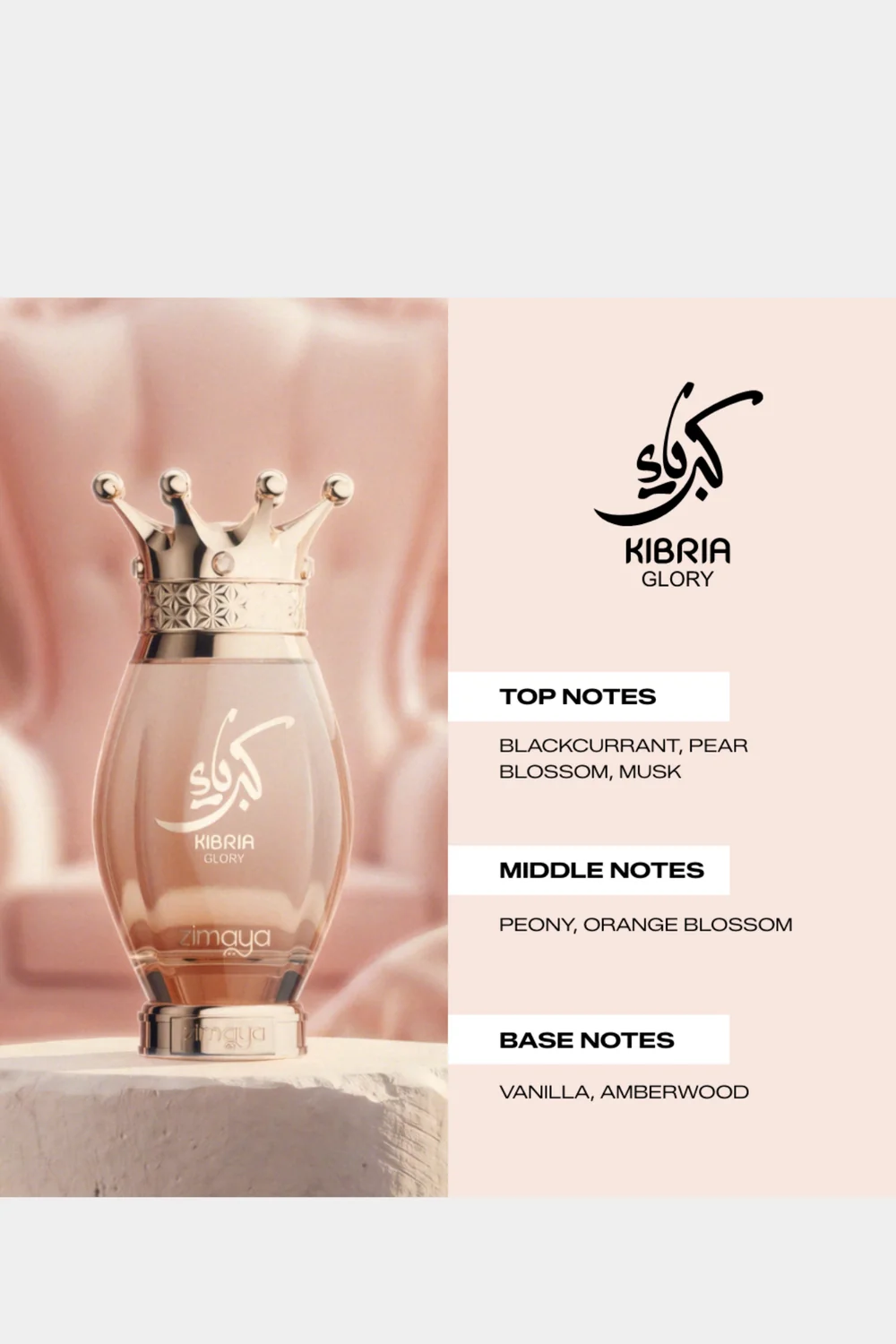 Zimaya Kibria Glory fragrance notes infographic