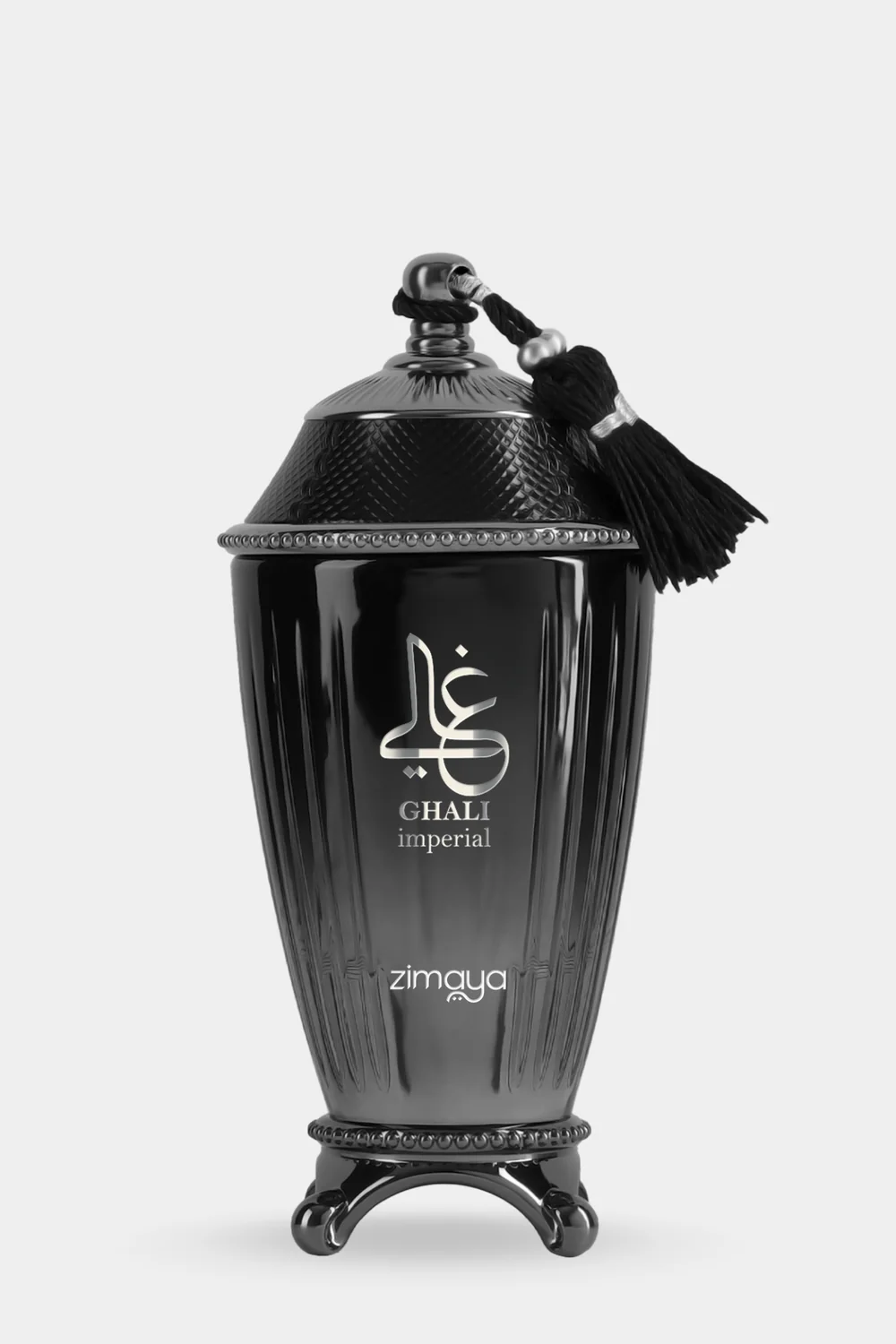 Zimaya Ghali Imperial Eau de Parfum matte black bottle with silver tassel front view