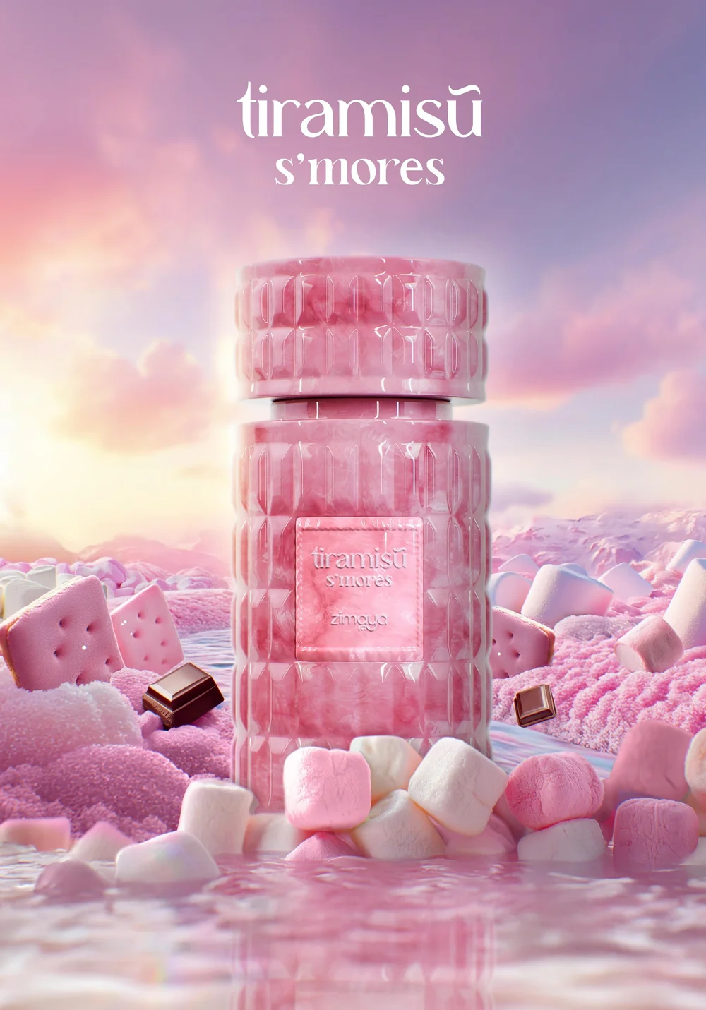 Zimaya Tiramisù S'mores Eau de Parfum dreamy campaign shot with marshmallows