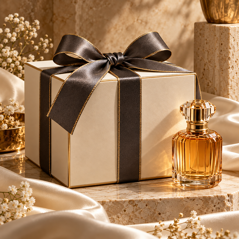 Ivory fragrance gift box with charcoal ribbon