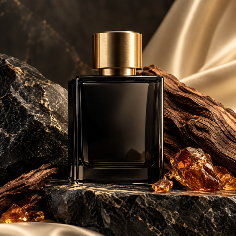Charcoal perfume bottle with champagne gold details
