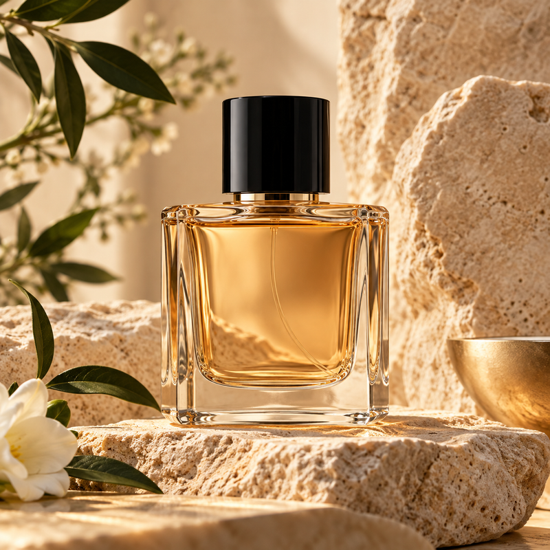 Amber perfume bottle on warm natural stone