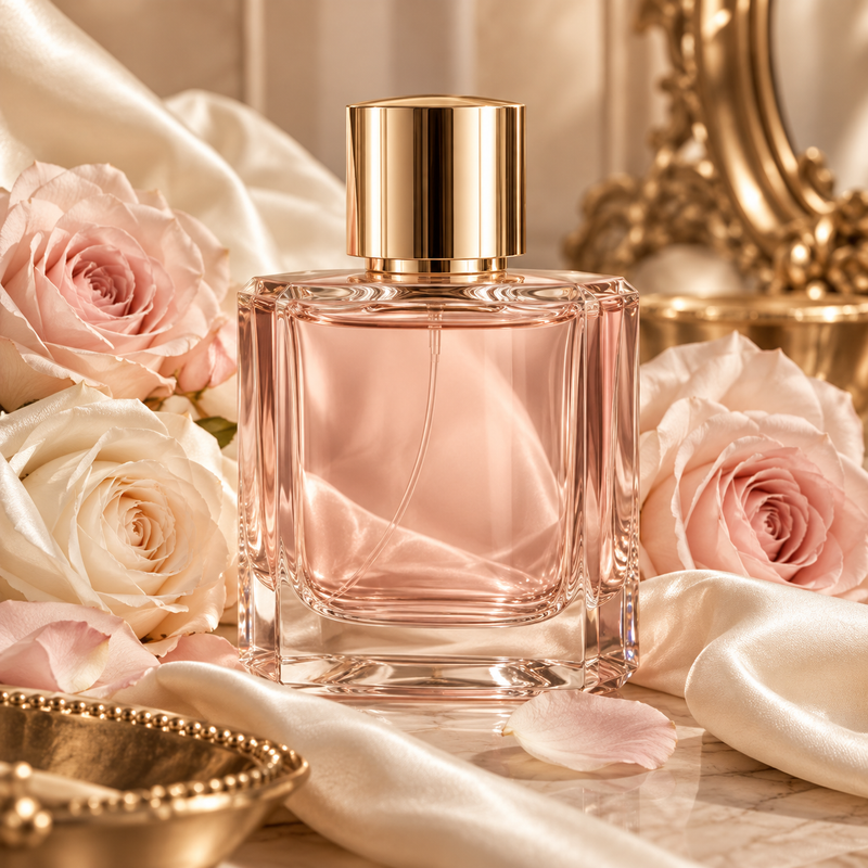 Elegant blush perfume bottle with roses and ivory silk