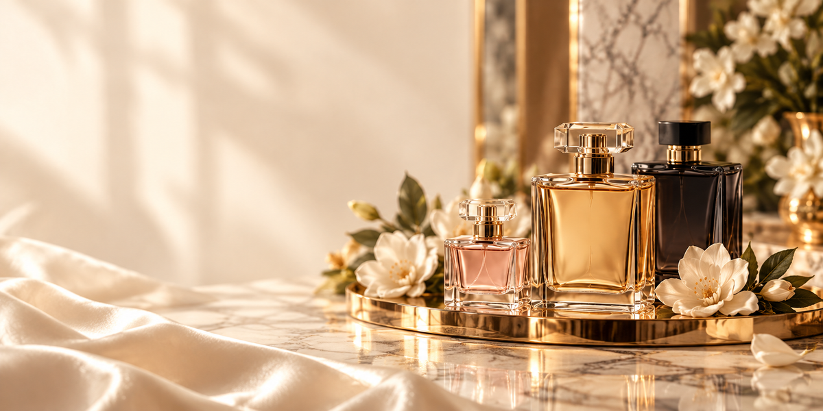 Elegant amber, blush and charcoal perfume bottles on a gold tray with ivory flowers